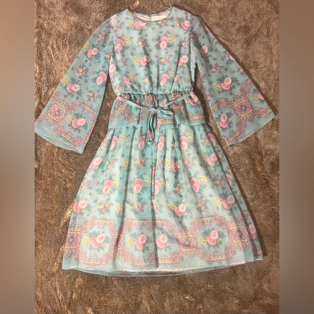 Vtg 70s Carrie Couture Pastel Floral Midi Dress Flounce Sleeve baby reveal